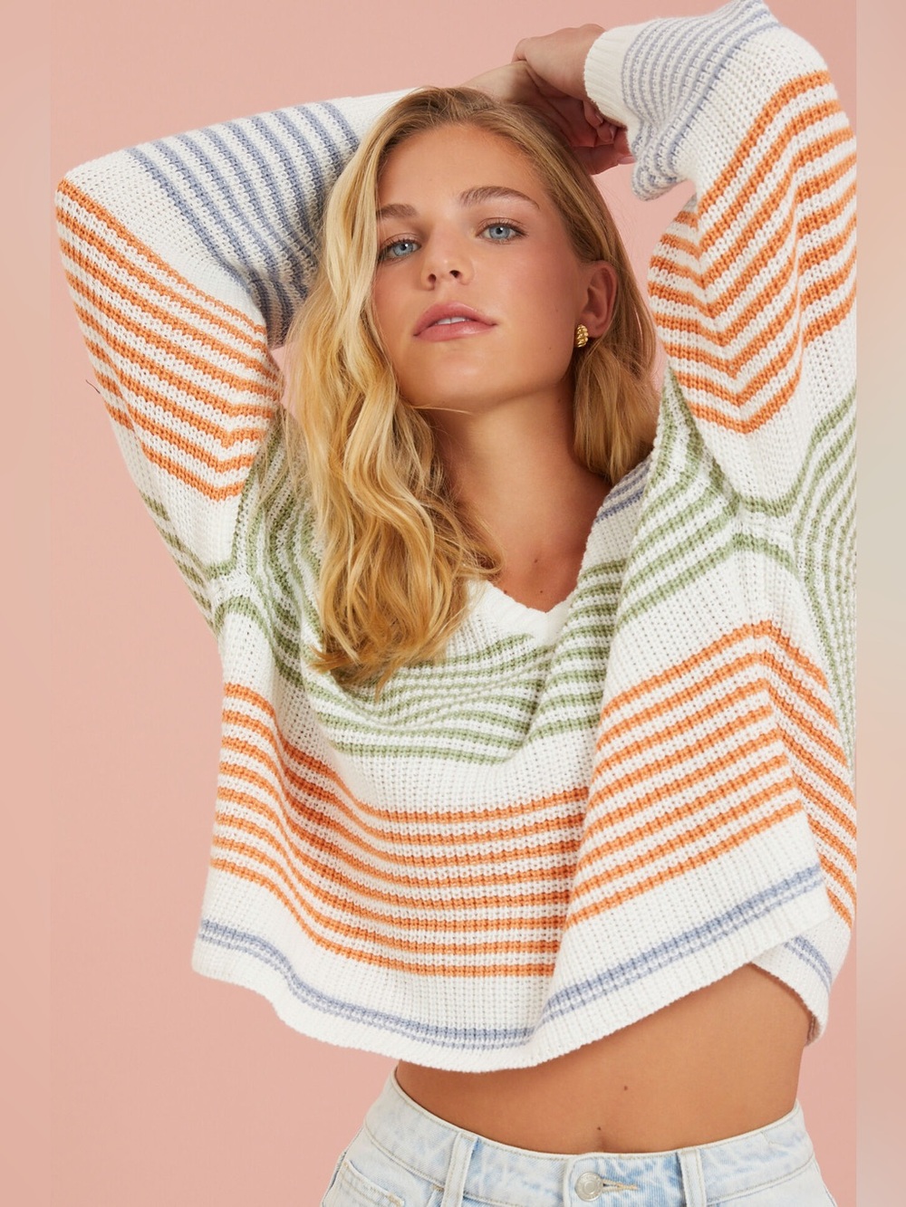 Altar'd State White V‑Neck Sweater with Blue, Green & Orange Stripes